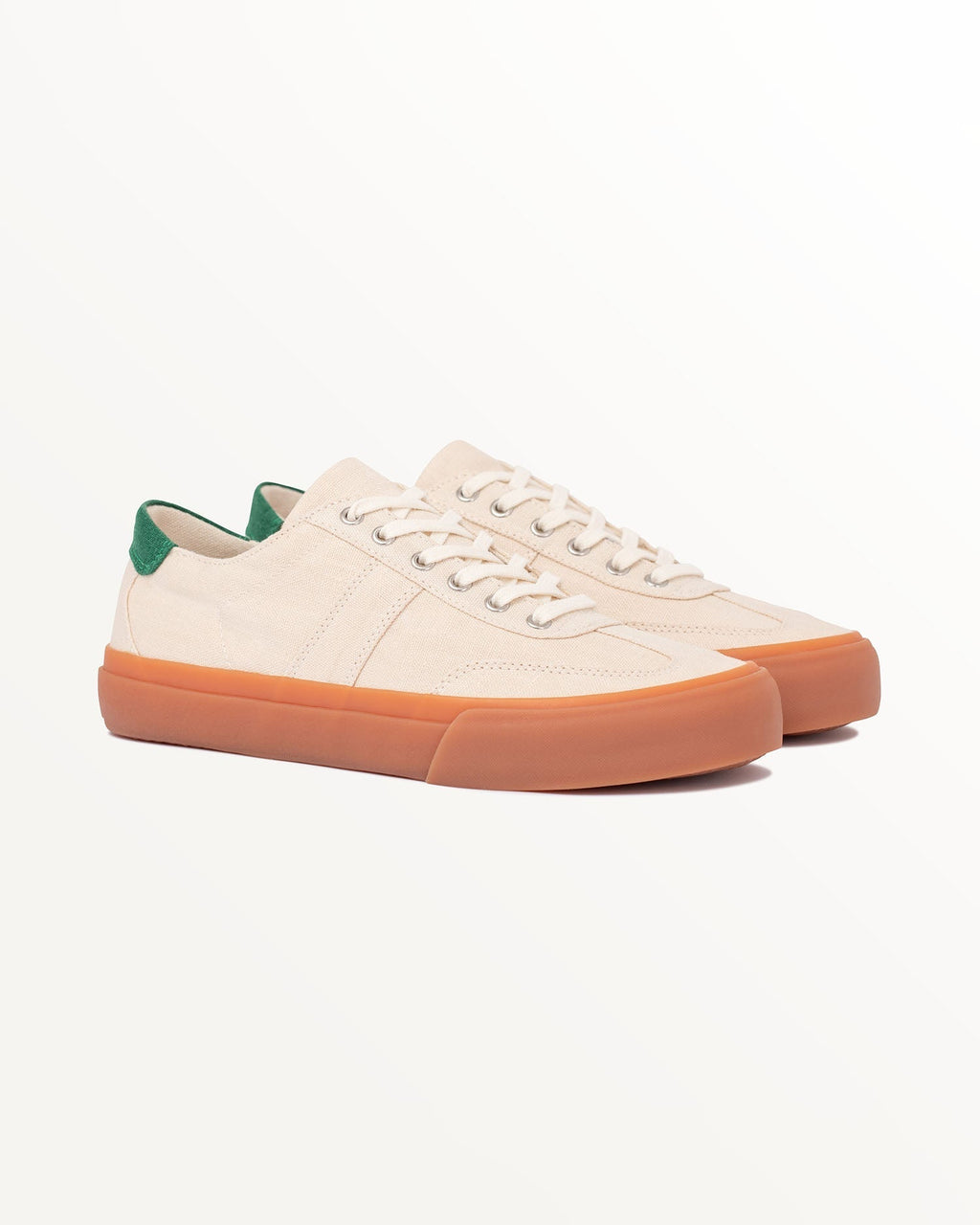 Pair of Veld Hemp Ecru/Sage trainers, three-quarter front view