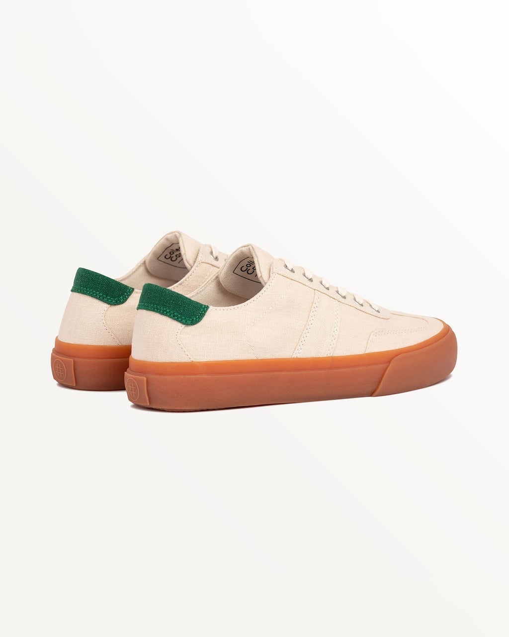Veld Hemp Ecru/Sage trainers, three-quarter rear view showing green heel tabs
