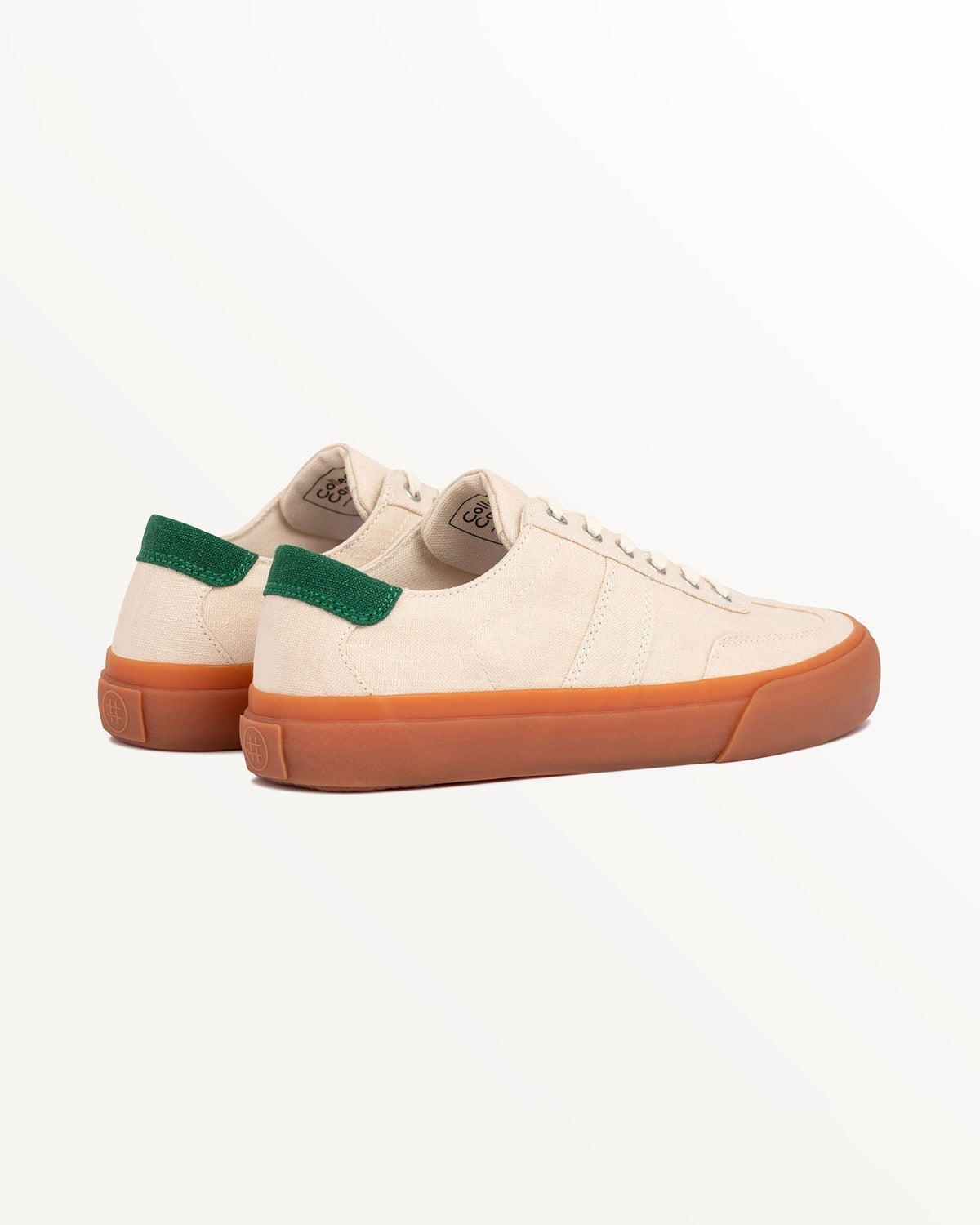 Veld Hemp Ecru/Sage trainers, three-quarter rear view showing green heel tabs
