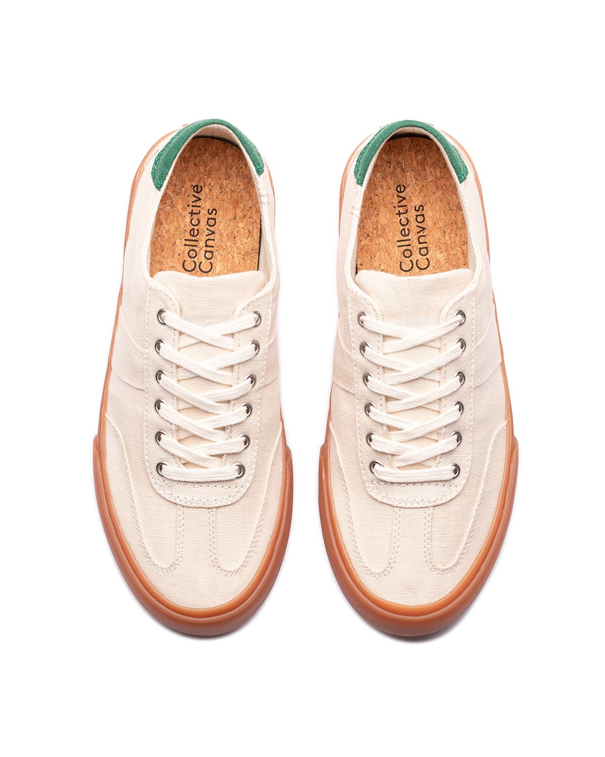 Veld Hemp trainers in Ecru/Sage, top view showing cork insoles and green heel tabs
