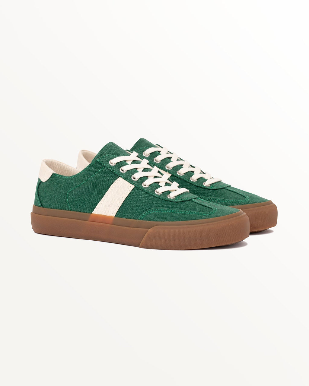Veld Hemp Sage/Ecru trainers, three-quarter front view of the pair