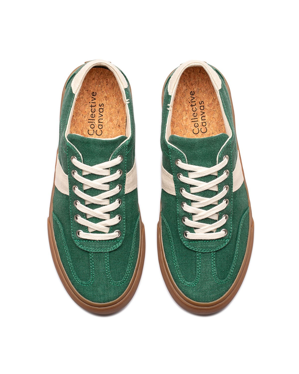 Veld Hemp trainers in Sage/Ecru, top view showing cork insoles and ecru laces